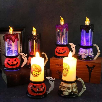 Halloween Glitter Pumpkin Candle Light, Flame Skull Night Lamp, Spooky LED Decor for Home & Parties, Halloween Gift for Family/Friends