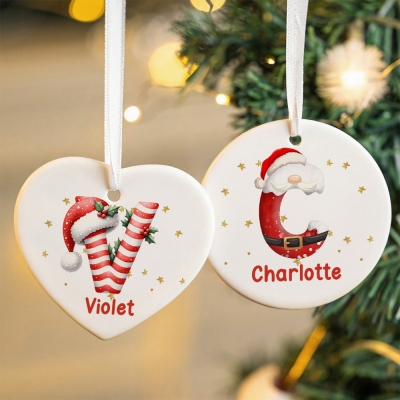 Personalized Christmas Alphabet Ornament with Name, Heart/Round Ceramic Ornament, Christmas Tree Hanging Decor, Christmas Gift for Family/Kids