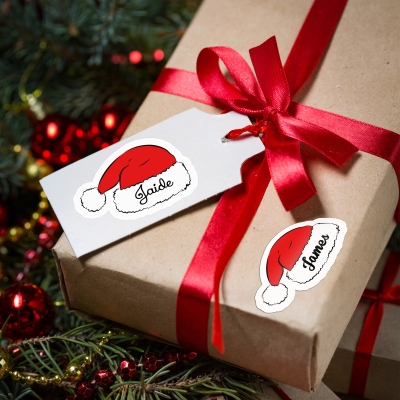 Personalized Name Santa Hat Stickers (Set of 2 Sheets), Custom Christmas Decals, Holiday Gift Labels Envelope Seals, Christmas Gift for Family/Friends