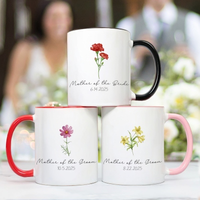 Personalized Birth Flower Mother of the Bride/Groom Mug, 11oz/15oz Ceramic Coffee Tea Mug, Wedding Party Favor, Wedding Gift for Mother of Newlyweds