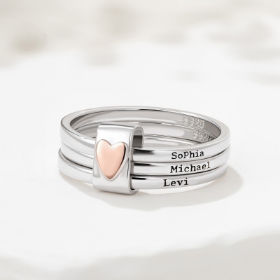 Personalized Engraved 2-5 Names Stacking Rings with Heart, Rustic Sterling Silver Ring, Mother's Day/Birthday/Anniversary Gift for Women