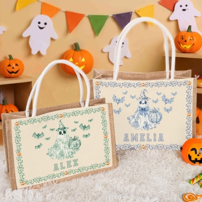 Custom Name Toile de Jouy Ghost/Pumpkin/Bat Tote Bag, Large Capacity Jute Cotton Handbag, Trick or Treat Candy Bag, Halloween Gift for Her/Girls/Kids
