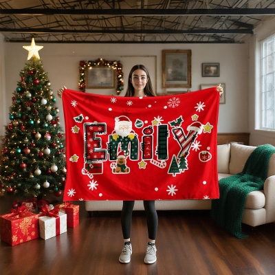 Custom Name Christmas Cartoon Reindeer/Santa Claus Blanket, Flannel/Sherpa Soft Bed Couch Throw, Home Decor, Christmas Gift for Kids/Family/Friends