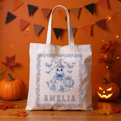 Custom Name Toile de Jouy Halloween Ghost Pumpkin Bat Tote Bag, Large Capacity Canvas Handbag, Trick or Treat Candy Bag, Halloween Gift for Kids/Women