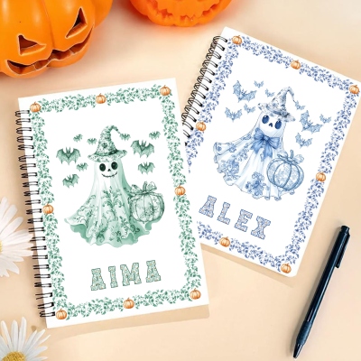Personalized Name Toile de Jouy Halloween Ghost Pumpkin Bat Design Notebook, Multicolor A5 Spiral Journal, Halloween Gift for Kids/Boys/Girls