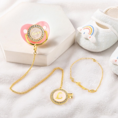 Personalized Name Pacifier Holder Clip Set, BPA Free, Custom Silicone Soother for 0-6 Months Newborn Girls/Boys/Preemie, Gold Luxury Gifts for Baby
