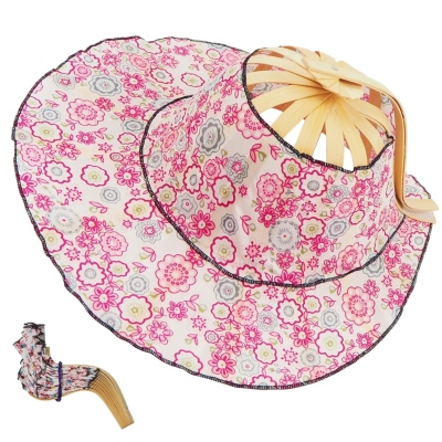 Floral Bamboo Fan Hat, Women’s 2-in-1 Foldable Sun Hat with UV Protection, Portable Summer Beach Travel Accessory, Gift for Her