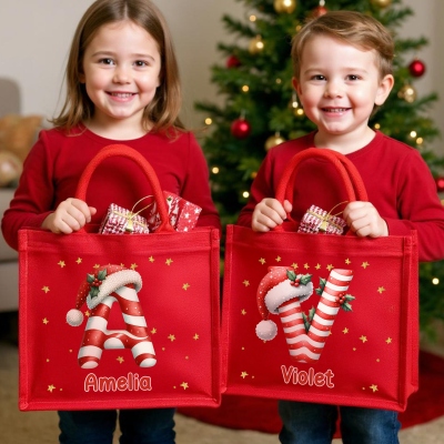 Custom Name Christmas Alphabet Tote Bag, Large Capacity Santa Claus/Candy Cane Design Jute Bag, Holiday Party Favor, Christmas Gift for Kids/Family