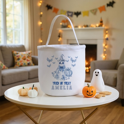 Personalized Name Toile de Jouy Ghost Pumpkin Bat Candy Basket, Large Capacity Canvas Trick-or-Treat Bucket Bag, Halloween Gift for Kids/Boys/Girls