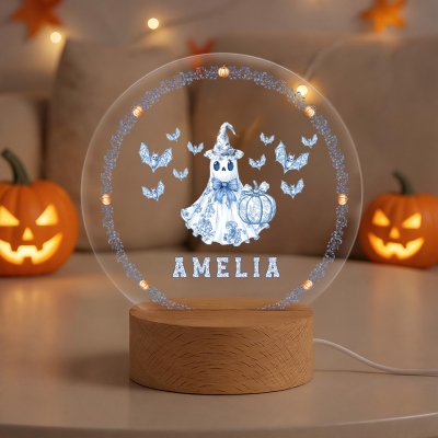 Custom Name Toile de Jouy Ghost Pumpkin Bat LED Night Light, Acrylic Night Lamp with Wooden Base, Home Decor, Halloween Gift for Kids/Boys/Girls