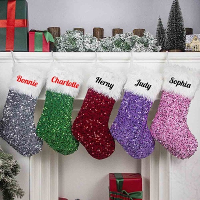 Personalized Name Glitter Christmas Plush Stocking, Christmas Tree Hanging Decor, Holiday Party Favor, Home Decor, Christmas Gift for Kids/Family