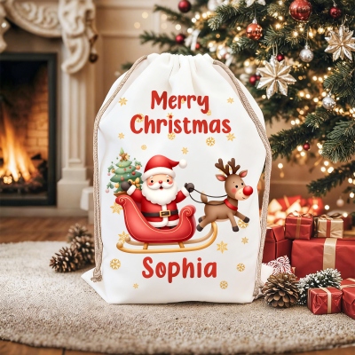 Personalized Name Cartoon Santa Claus Christmas Gift Bag, Canvas Christmas Sack with Drawstring, Holiday Party Favor, Christmas Gift for Kids/Family