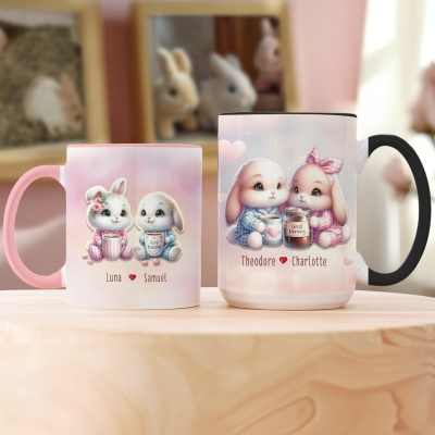 Personalized Rabbit Couple Mug with Names, 11oz/15oz Two Tone Ceramic Coffee Tea Mug with Coaster, Valentine's Day/Anniversary Gift for Her/Him/Couple
