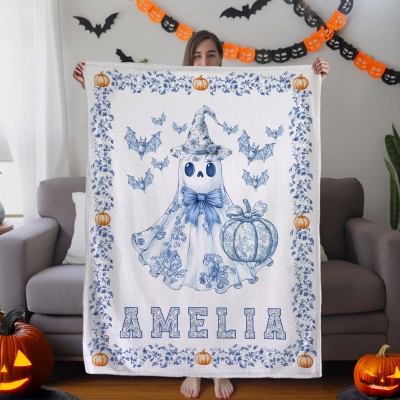 Personalized Name Toile de Jouy Halloween Ghost Pumpkin Bat Blanket, Flannel/Sherpa Soft Bed Couch Throw, Home Decor, Halloween Gift for Kids/Family