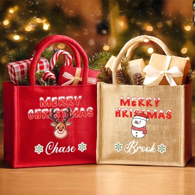 Personalized Cartoon Christmas Elk/Snowman Design Tote Bag with Name, Large Capacity Jute Bag, Holiday Party Favor, Christmas Gift for Kids/Family