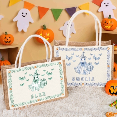 Custom Name Toile de Jouy Ghost Pumpkin Bat Tote Bag, Large Capacity Jute Cotton Handbag, Trick or Treat Candy Bag, Halloween Gift for Her/Girls/Kids