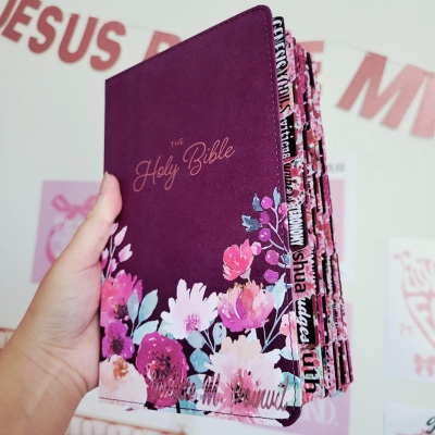 Personalized KJV Bible Large Print Hardcover Collector's Edition with Pink/Peach/Teal/Purple Floral Faux Leather