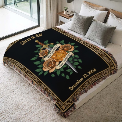 Custom Name DND D20 Dice and Flower Flannel Blanket, Custom Date Couple Blanket, Cozy Blanket, House Blanket, Anniversary Gift