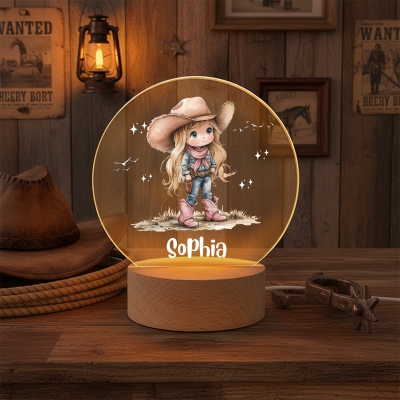 Personalized Name Cartoon Cowgirl Character LED Night Light, Acrylic Night Lamp with Wooden Base, Home Decor, Birthday/Christmas Gift for Girls/Kids