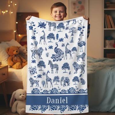 Custom Name Toile de Jouy Safari Animals Blanket, Flannel/Sherpa Bed Couch Throw, Home Decor, Birthday/Christmas Gift for Kids/Family/Animal Lovers