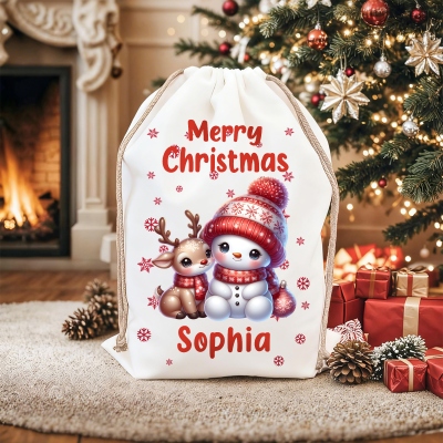 Personalized Name Cartoon Snowman Christmas Gift Bag, Canvas Christmas Sack with Drawstring, Holiday Party Favor, Christmas Gift for Kids/Family