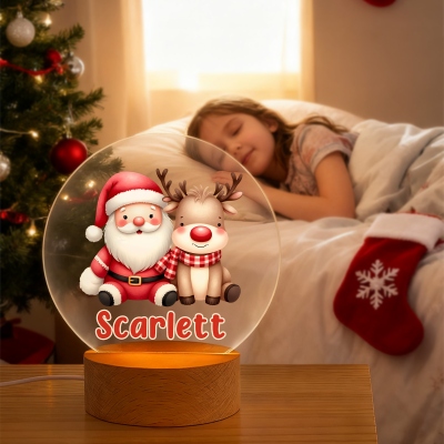 Personalized Name Cartoon Santa Claus Design LED Night Light, Acrylic Night Lamp with Wooden Base, Home Decor, Christmas Gift for Kids/Family/Friends