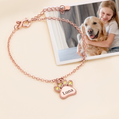 Personalized Engraved Paw Print Bracelet with Birthstone, Dog/Cat Paw Adjustable Bracelet, Sterling Silver 925 Pet Jewelry, Gift for Pet Owners/Lovers