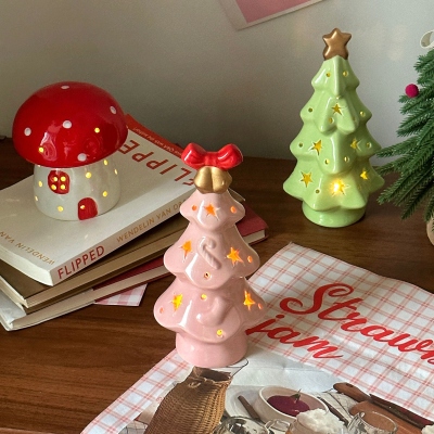 Ceramic Christmas Tree Night Light, Cute Holiday Tabletop Decor, Festive Home Ornament, Christmas Gift for Friends & Family