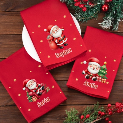 Custom Name Santa Claus Design Christmas Napkin, Party Dinner Red Napkin, Dish Towel Kitchen Accessory, Housewarming/Christmas Gift for Hostess/Family