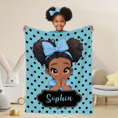 Personalized Name Cartoon Afro Black Girl Polka Dots Blanket, Flannel/Sherpa Soft Bed Couch Throw, Home Decor, Birthday/Christmas Gift for Girls