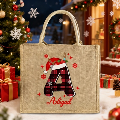Personalized Christmas Plaid Alphabet Tote Bag with Name, Large Capacity Jute Bag, Holiday Party Favor, Christmas Gift for Kids/Family/Friends