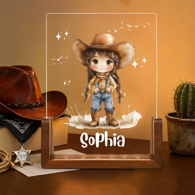 Personalized Cartoon Cowgirl Character LED Night Light with Name, Acrylic Night Lamp with Wooden Base, Home Decor, Birthday/Christmas Gift for Girls