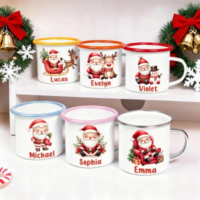 Custom Name Cartoon Santa Claus Enamel Mug, 12oz Shatterproof Cup with Handle, Cocoa Milk Mug, Christmas Stocking Stuffer, Christmas Gift for Kids