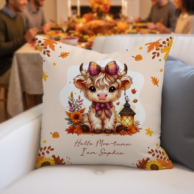 Personalised Autumn Highland Cow Pumpkins Soft Throw Pillow, Thanksgiving Pillow with Name, Thanksgiving Gift for Kid Woman, Home Decor