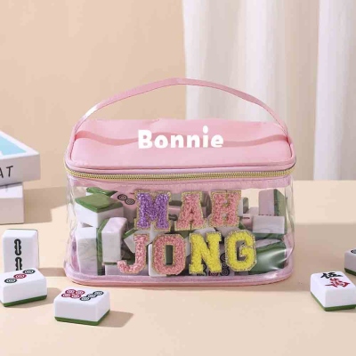 Personalized Towel Embroidered Letters Portable Mahjong Storage Bag, Customized Name Mahjong Bag, Transparent Waterproof Large Capacity Bag, A Gift for Mahjong Lovers