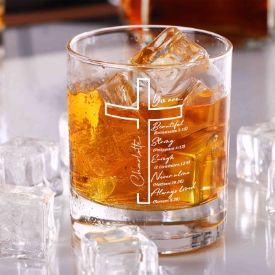 Personalized Name Cross Bible Verses Wine Glass, 10oz Bourbon Whiskey Old Fashioned Glass, Birthday/Father's Day/Christmas Gift for Him/Dad/Grandpa
