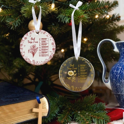 Personalized Name Birth Flower Toile de Jouy Bible Verses Ornament, Ceramic/Acrylic Christmas Tree Hanging Decor, Christmas Gift for Family/Christians