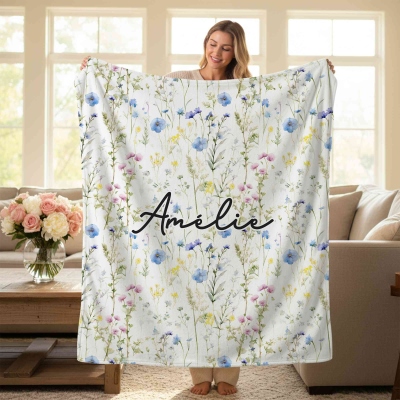 Personalized Watercolor Wildflower Blanket with Name, Flannel/Sherpa Soft Bed Couch Throw, Home Decor, Birthday/Christmas Gift for Her/Mom/Friends