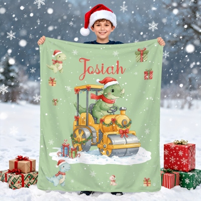 Personalized Cartoon Dinosaur Construction Vehicle Blanket with Name, Flannel/Sherpa Soft Bed Couch Throw, Home Decor, Christmas Gift for Kids/Boys