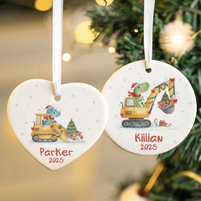 Personalized Name Cartoon Dinosaur Construction Vehicle Christmas Ornament, Heart/Circular Ceramic Hanging Decor, Christmas Gift for Family/Kids/Boys