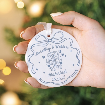 Custom Couple Names Doodle Christmas Ornament, Ceramic Christmas Tree Hanging Decor, Bridal Shower Favor, Christmas/Wedding Gift for Newlyweds/Couple
