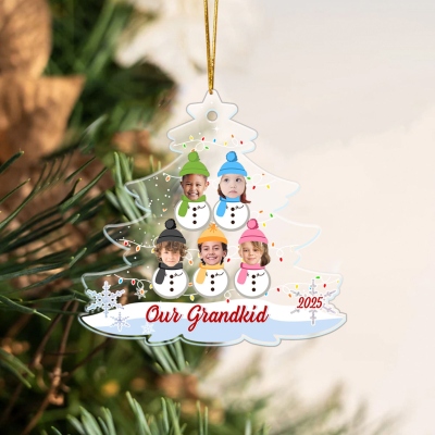 Custom Face Photos Grandkids Snowmen Christmas Tree Ornament with Text & Year, Acrylic Holiday Home Decor, Christmas Gift for Grandparents/Family