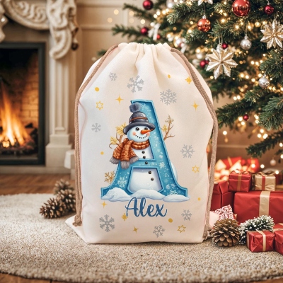 Personalized Snowman Christmas Gift Bag – Custom Initial & Name Holiday Sack
