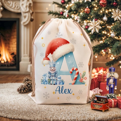Personalized Nutcracker Christmas Gift Bag – Custom Initial & Name Holiday Sack, Unique Festive Present Bag