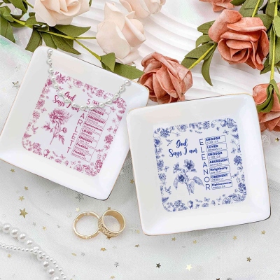 Personalized Name Birth Flower Toile De Jouy God Says I Am Bible Verses Jewelry Dish, Square/Round Ceramic Trinket Tray, Gift for Christian Women