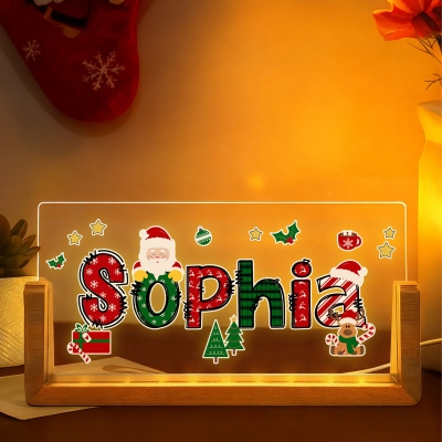 Personalized Name Cartoon Christmas Theme LED Night Light, Acrylic Night Lamp with Wooden Base, Home Decor, Christmas Gift for Kids/Family/Friends