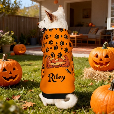 Personalized Name Halloween Dog Hoodie, Multicolor Pumpkin & Bats Design Halloween Pet Costume with Paw Prints, Halloween Gift for Pet Owners/Lovers