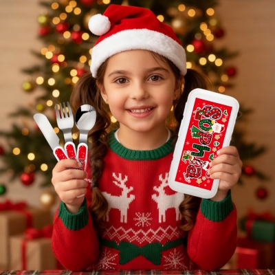 Personalized Name Cartoon Christmas Theme Cutlery Set with Box, Food Grade Stainless Steel Knife, Fork & Spoon Set, Christmas Gift for Kids/Toddlers