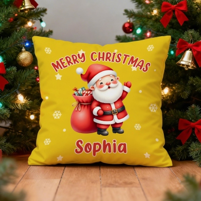 Custom Name Cartoon Santa Claus Christmas Throw Pillow Cover, Pillowcase with Optional Insert, Home Decor, Christmas Gift for Kids/Family/Friends