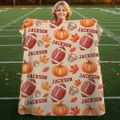 Personalized Autumn Football Blanket, Custom Name Pumpkin Maple Leaf Blanket, Thanksgiving Birthday Gift for Football Lover